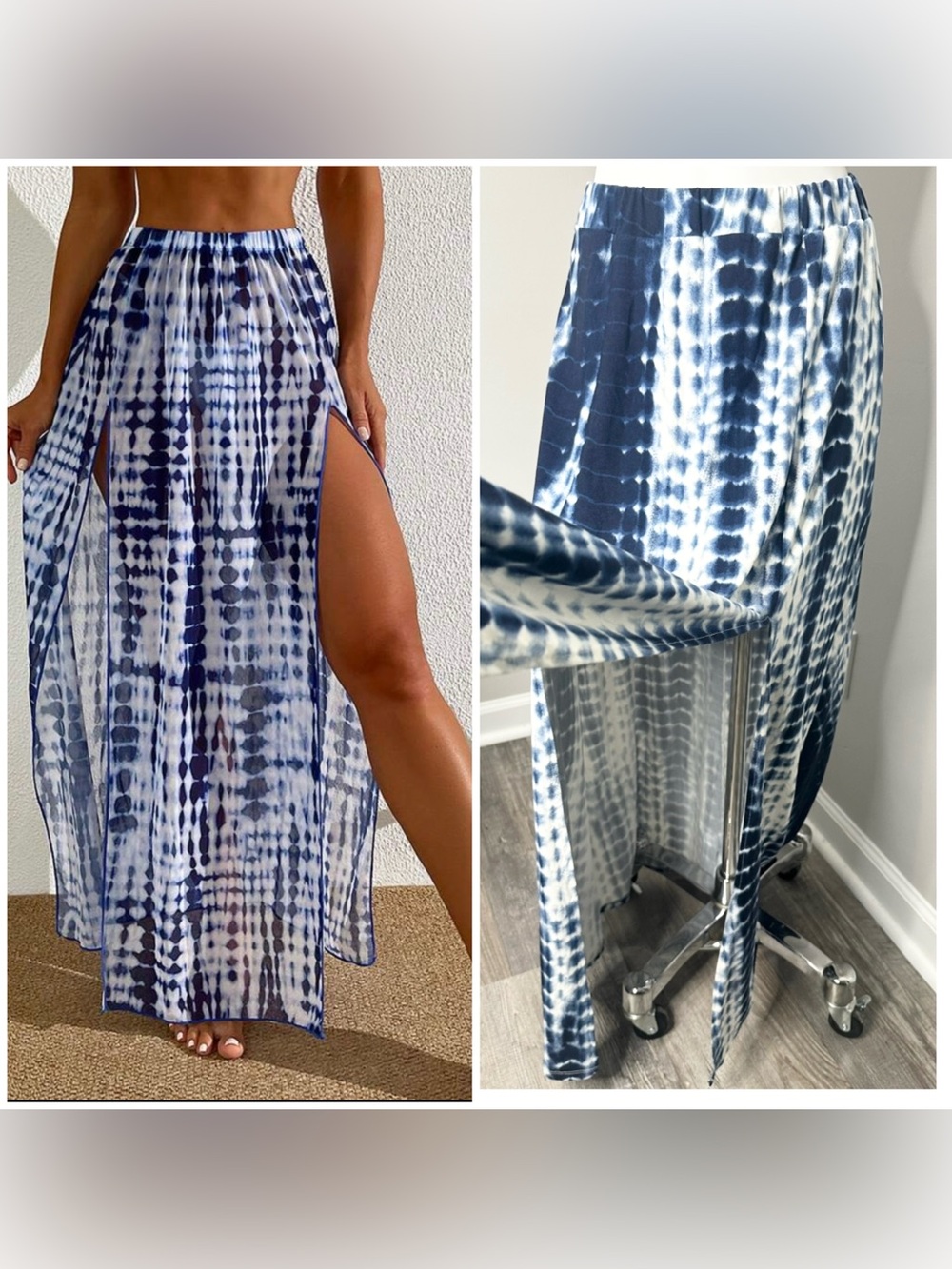Poof! Navy and White Tie-Dye High-Slit Maxi Skirt-s